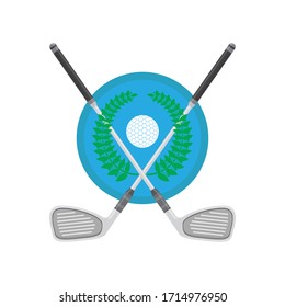 Vector Golf Ball and Sticks with Green Laurel Isolated on White Background.