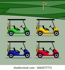Vector golf cart icon with golf course background. Vector flat golf cart icon symbol sign.