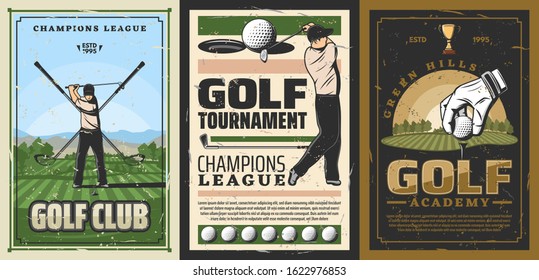 Campo de golf vector, golf en uniforme que balancea en el campo de tiro, club y baloncesto. Club deportivo de golf y academia, afiche retro. Jugador en curso, palos cruzados, mano en guante poner bola en la hierba