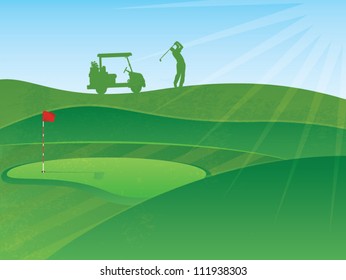 Vector Golf Course Hills Background with a Golfer and Cart in the Distance