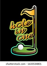 Vector golf hole with flag sticker illustration. Game equipment sporty emblem or logotype. Professional sport, classic golf hole for official competitions and tournaments