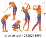 Vector Golf Players Colorful Silhouette Illustration Set Isolated On A White Background. 