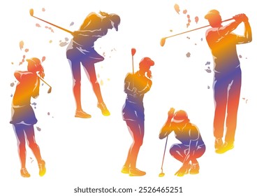 Vector Golf Players Colorful Silhouette Illustration Set Isolated On A White Background. 