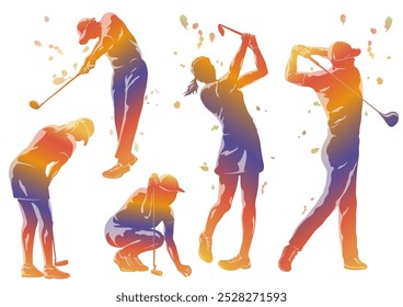 Vektor-Golf-Spieler bunte Silhouette Illustration Set einzeln auf weißem Hintergrund. 