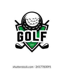 logotipo de deporte de golf vectorial con vector de escudo, palo de golf