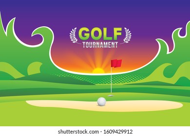 Vector of golf tournament with green field background. Sport concept