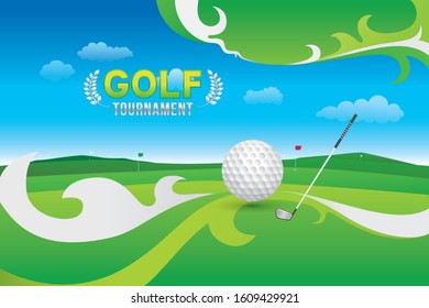 Vector of golf tournament with green field background. Sport concept