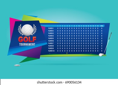 Vector of golf tournament with players and scoreboard.