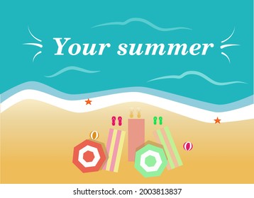 Vector. A good day. Deserted beach, ocean sun beds and umbrellas.
