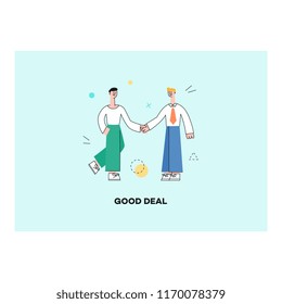 Vector good deal concept poster with male characters manager shaking hands after successful development meeting, collaboration. Male office worker, business man, and cooperation and teambuilding.