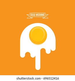 vector good morning concept. breakfast fried hen or chicken egg with a orange yolk in the center of the fried egg. Calligraphic text good morning