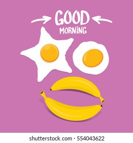 vector good morning funny concept vector background. Good morning smile made from banana and fried egg