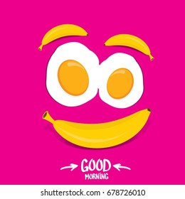 vector good morning funny concept vector background. Good morning smile made from banana and fried egg isolated on pink background