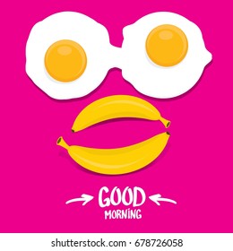 vector good morning funny concept vector background. Good morning smile made from banana and fried egg isolated on pink background