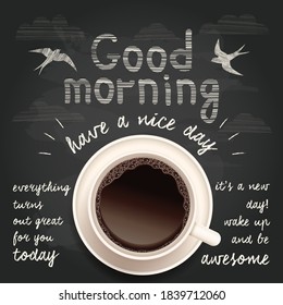 Vector Good morning illustration with cup of coffee and handwritten lettering on black chalkboard background. Cafe breakfast menu typographical poster