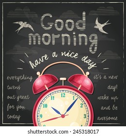 Vector Good morning! illustration with red alarm clock and handwritten typographical background on chalkboard