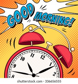 Vector Good morning illustration with red alarm clock ringing for wake up. Comic background in pop art style