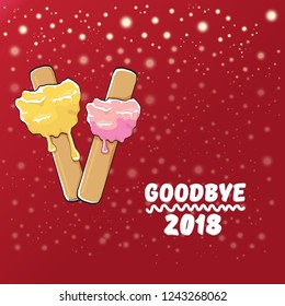 vector goodbye 2018 year vector concept illustration with melt ice cream isolated on red background with lights and stars. End of the year background or poster