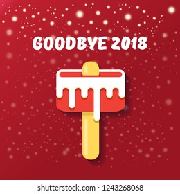 vector goodbye 2018 year vector concept illustration with melt ice cream isolated on red background with lights and stars. End of the year background or poster