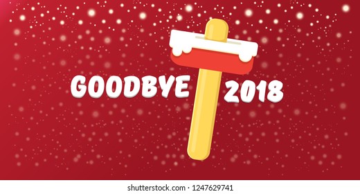 vector goodbye 2018 year concept horizontal banner illustration with melt ice cream isolated on red background with lights and stars. End of the year background or poster
