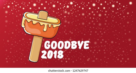 vector goodbye 2018 year concept horizontal banner illustration with melt ice cream isolated on red background with lights and stars. End of the year background or poster