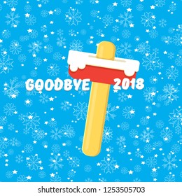 vector goodbye 2018 year vector concept illustration with melt ice cream isolated on blue background with falling snowflakes. End of the year background or poster