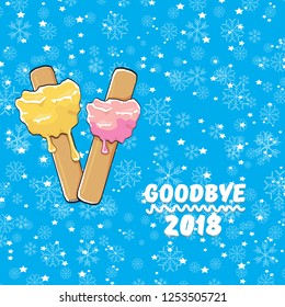 vector goodbye 2018 year vector concept illustration with melt ice cream isolated on blue background with falling snowflakes. End of the year background or poster
