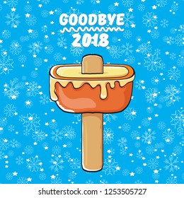 vector goodbye 2018 year vector concept illustration with melt ice cream isolated on blue background with falling snowflakes. End of the year background or poster