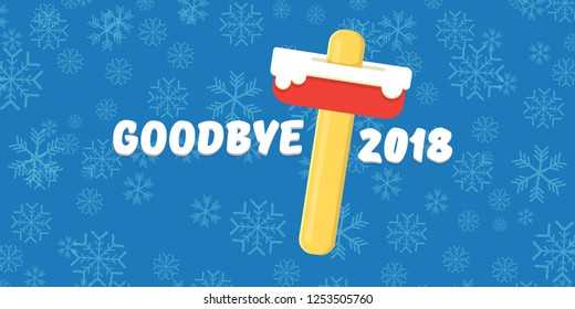 vector goodbye 2018 year concept horizontal banner illustration with melt ice cream isolated on blue background with falling snowflakes. End of the year background or poster