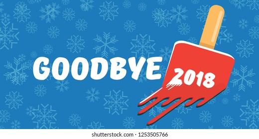 vector goodbye 2018 year concept horizontal banner illustration with melt ice cream isolated on blue background with falling snowflakes. End of the year background or poster