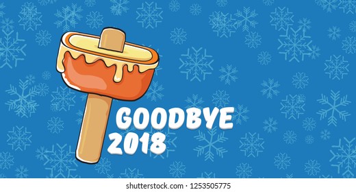 vector goodbye 2018 year concept horizontal banner illustration with melt ice cream isolated on blue background with falling snowflakes. End of the year background or poster