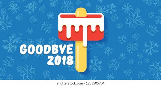 vector goodbye 2018 year concept horizontal banner illustration with melt ice cream isolated on blue background with falling snowflakes. End of the year background or poster