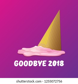 vector goodbye 2018 year vector concept illustration with melt ice cream isolated on violet background. End of the year background or poster