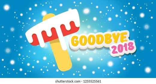 vector goodbye 2018 year concept horizontal banner illustration with melt ice cream isolated on blue background with falling snowflakes and lights. End of the year background, flyer or poster