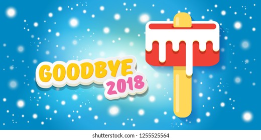 vector goodbye 2018 year concept horizontal banner illustration with melt ice cream isolated on blue background with falling snowflakes and lights. End of the year background, flyer or poster