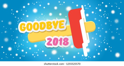 vector goodbye 2018 year concept horizontal banner illustration with melt ice cream isolated on blue background with falling snowflakes and lights. End of the year background, flyer or poster