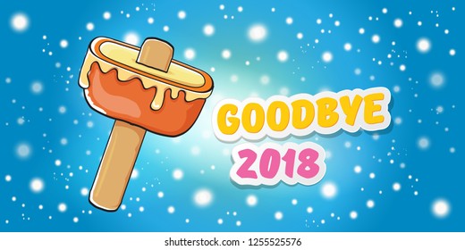 vector goodbye 2018 year concept horizontal banner illustration with melt ice cream isolated on blue background with falling snowflakes and lights. End of the year background, flyer or poster