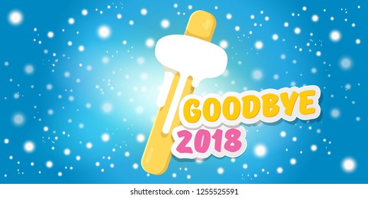 vector goodbye 2018 year concept horizontal banner illustration with melt ice cream isolated on blue background with falling snowflakes and lights. End of the year background, flyer or poster