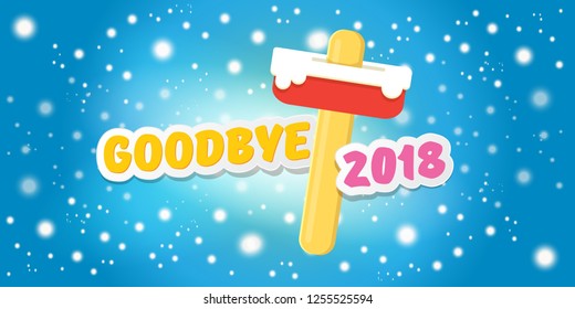vector goodbye 2018 year concept horizontal banner illustration with melt ice cream isolated on blue background with falling snowflakes and lights. End of the year background, flyer or poster