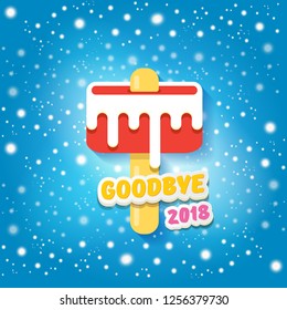 vector goodbye 2018 year vector concept illustration with melt ice cream isolated on blue background with falling glitters and lights. End of the year background or poster