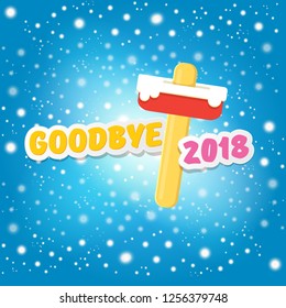 vector goodbye 2018 year vector concept illustration with melt ice cream isolated on blue background with falling glitters and lights. End of the year background or poster