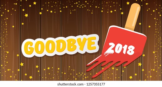 vector goodbye 2018 year concept horizontal banner illustration with melt ice cream isolated on wooden board background with stars. End of the year background, flyer or poster