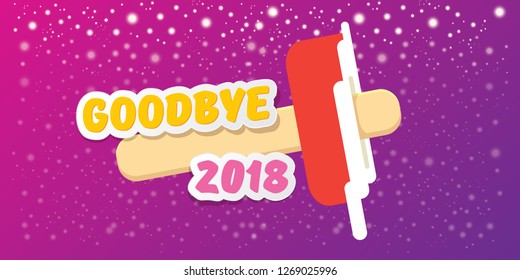 vector goodbye 2018 year concept horizontal banner illustration with melt ice cream isolated on violet background with falling snowflakes and lights. End of the year background, flyer or poster