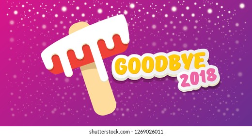 vector goodbye 2018 year concept horizontal banner illustration with melt ice cream isolated on violet background with falling snowflakes and lights. End of the year background, flyer or poster