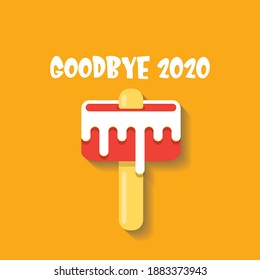 vector goodbye 2020 year vector concept illustration with melt ice cream isolated on orange background. End of the year background or poster