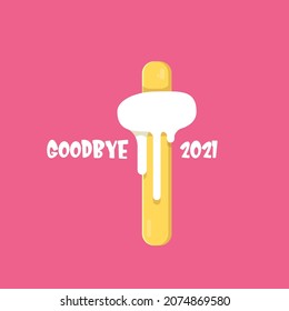 vector goodbye 2021 year vector concept illustration with melt ice cream isolated on pink background. End of the year background or poster