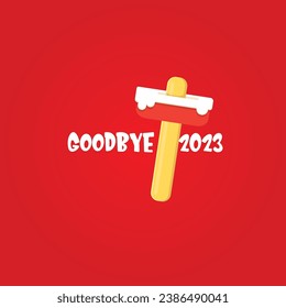 vector goodbye 2023 hello 2024 year vector concept illustration with melt ice cream isolated on red background. End of the 2023 year background or poster