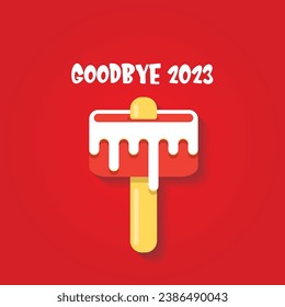 vector goodbye 2023 hello 2024 year vector concept illustration with melt ice cream isolated on red background. End of the 2023 year background or poster