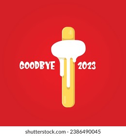 vector goodbye 2023 hello 2024 year vector concept illustration with melt ice cream isolated on red background. End of the 2023 year background or poster