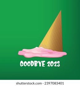 vector goodbye 2023 hello 2024 year vector concept illustration with melt ice cream isolated on green background. End of the 2023 year background or poster